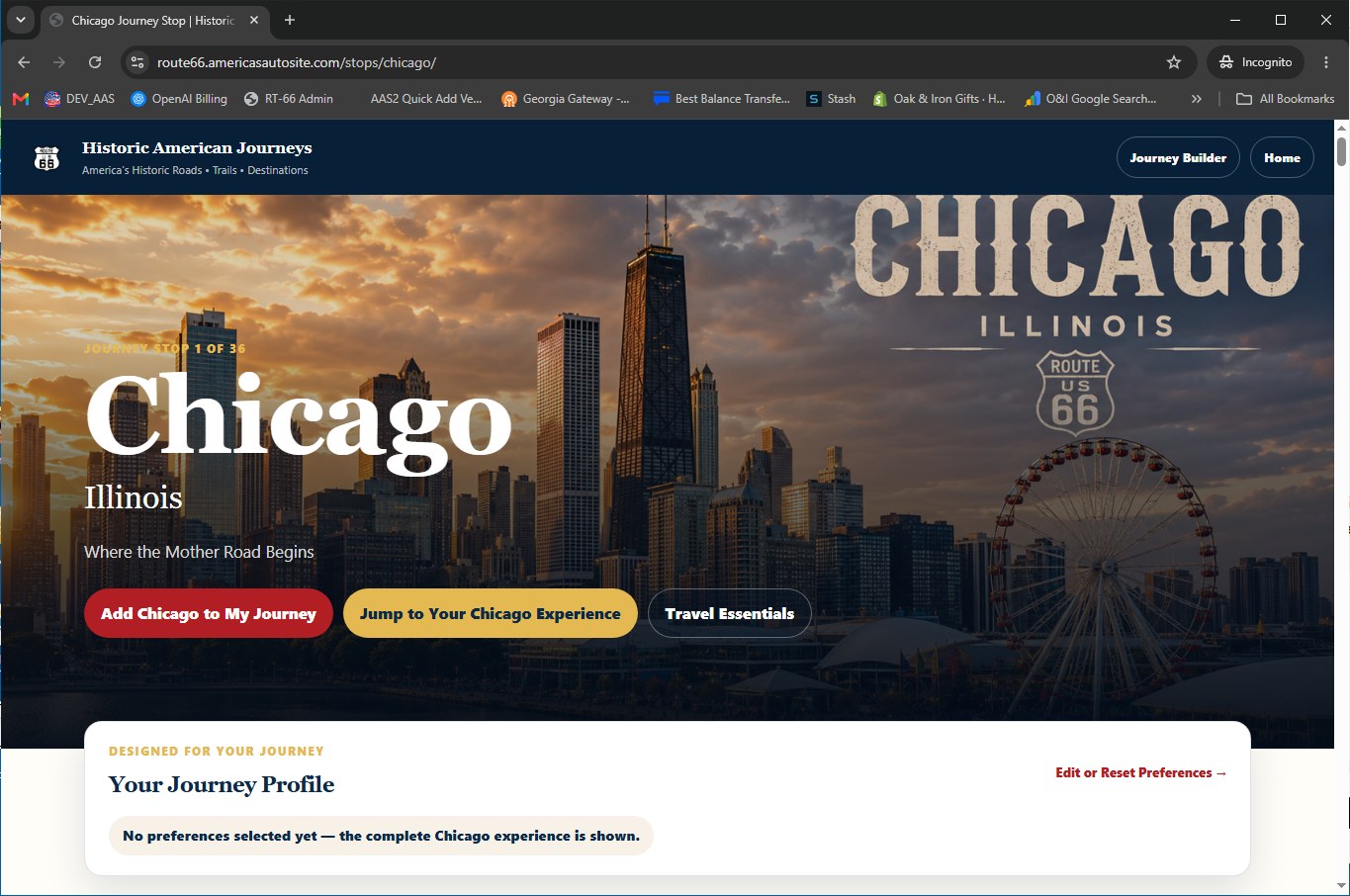 Chicago Route 66 destination page with Add Chicago to My Journey button